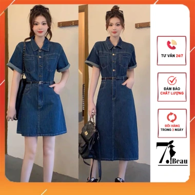 Váy bò đầm Jean tay ngắn nữ túi ngực đai thắt eo thanh lịch 7 Beautiful V162 242.118 VND