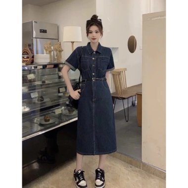 Váy bò đầm Jean tay ngắn nữ túi ngực đai thắt eo thanh lịch 7 Beautiful V162 242.118 VND