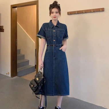 Váy bò đầm Jean tay ngắn nữ túi ngực đai thắt eo thanh lịch 7 Beautiful V162 242.118 VND