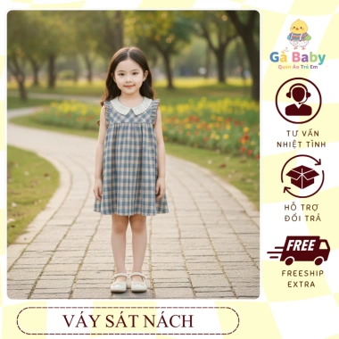 Váy Cánh Tiên Bé Gái Họa Tiết Caro + Cổ Ren, Cotton Mềm, Giá Ưu Đãi 160k (Giảm 36k)