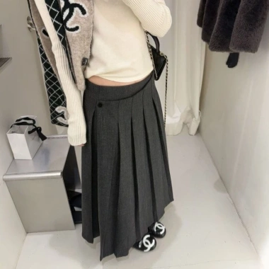 Váy chữ A thu đông dày phong cách preppy, placket nghiêng, chiết ly - 153.252₫