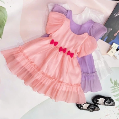 Váy công chúa bé gái hồng pastel tay phồng nơ xinh - Giá giảm chỉ 165k