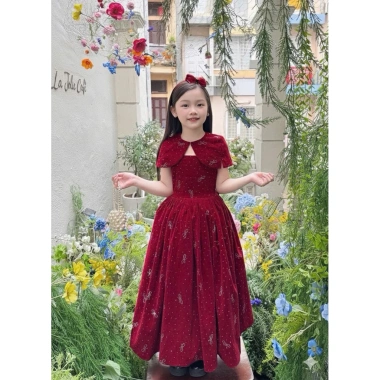 Váy công chúa bé gái set nhung đính đá + áo choàng Noel, nơ lưng, váy xoè 9-29kg - Pam Kids 195k