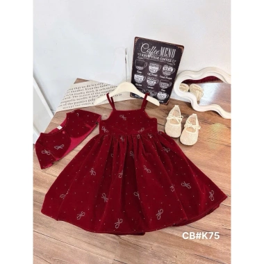 Váy công chúa bé gái set nhung đính đá + áo choàng Noel, nơ lưng, váy xoè 9-29kg - Pam Kids 195k