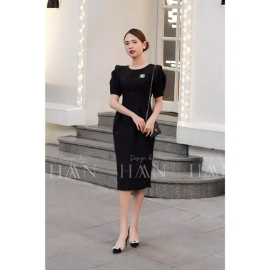 Váy công sở dài HAAN DESIGN bo eo tay phồng, tag áo, chất liệu chéo hàn, 3 màu