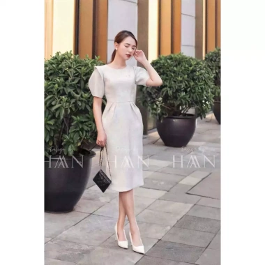 Váy công sở dài HAAN DESIGN bo eo tay phồng, tag áo, chất liệu chéo hàn, 3 màu