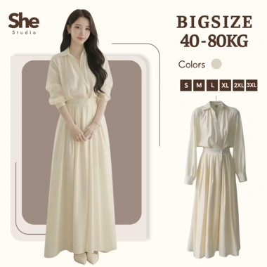 Váy công sở dài She Studio SH08 Đầm sơ mi tơ chiết nhẹ nhàng, thích hợp đi làm, tốt nghiệp - 338k