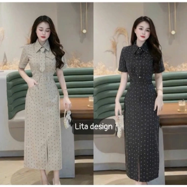 Váy công sở dáng dài họa tiết chấm bi chiết eo, cổ cà vạt, giảm còn 515.000₫