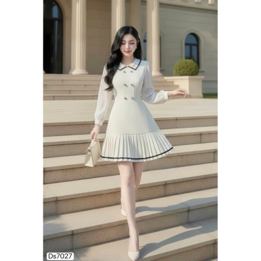 Váy công sở DVC kem A xoè xếp ly ngắn cổ sen tay dài nữ tính - Giá 492.000 2