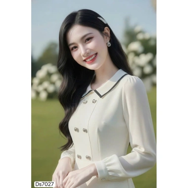Váy công sở DVC kem A xoè xếp ly ngắn cổ sen tay dài nữ tính - Giá 492.000 4