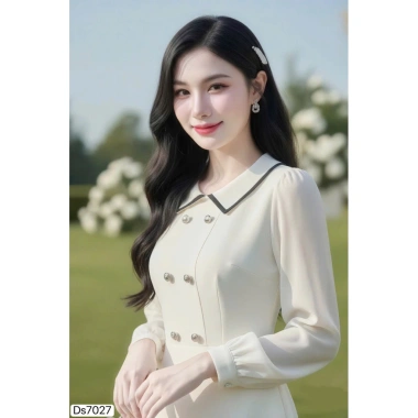 Váy công sở DVC kem A xoè xếp ly ngắn cổ sen tay dài nữ tính - Giá 492.000 5