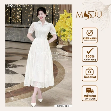 Váy công sở MDU4.288 tơ hoa thêu nổi, hàng cúc ngọc đính đá – Giá ưu đãi 749.000₫