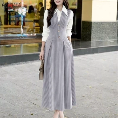 Váy công sở nữ phong cách Hàn Quốc cổ dài tay ngắn nút, dáng chữ A chiết eo đường sọc - giá 396.576 VND 4 Váy công sở nữ phong cách Hàn Quốc cổ dài tay ngắn nút, dáng chữ A chiết eo đường sọc - giá 396.576 VND 4
