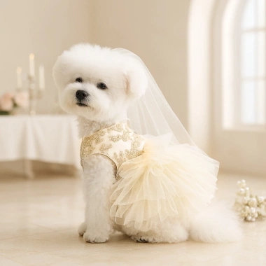 Váy cưới thú cưng cho mèo Pomeranian & Shih Tzu - Đầm công chúa thoáng khí, polyester, mặc quanh năm, giảm giá 15%