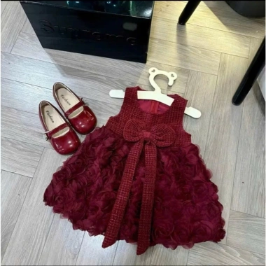 Váy dạ tweed 8-16kg đính nơ lớn sang trọng cho bé tiệc sinh nhật & Tết