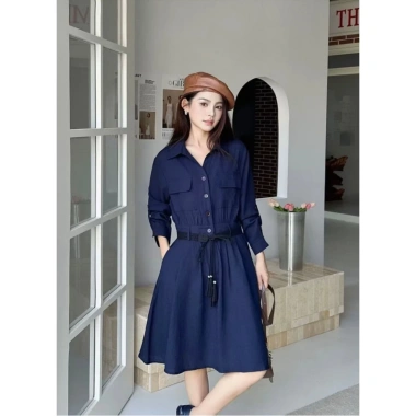 Váy dài công sở nữ tính, cổ sơ mi, tay dài, cotton thô - Giá ưu đãi 188.000 VND
