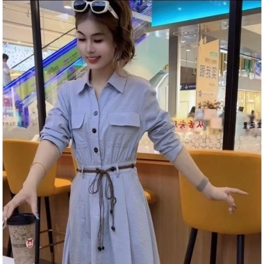 Váy dài công sở nữ tính, cổ sơ mi, tay dài, cotton thô - Giá ưu đãi 188.000 VND