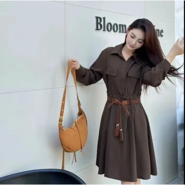 Váy dài công sở nữ tính, cổ sơ mi, tay dài, cotton thô - Giá ưu đãi 188.000 VND