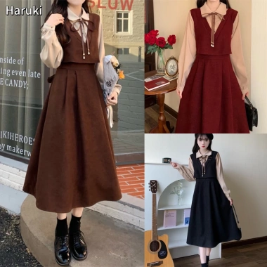 Váy dài sơ mi Korean màu trơn retro, tay dài & ngắn, dễ thương - 69,420₫