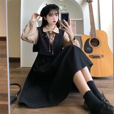 Váy dài sơ mi Korean màu trơn retro, tay dài & ngắn, dễ thương - 69,420₫