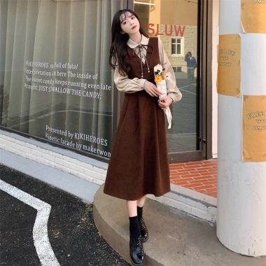 Váy dài sơ mi Korean màu trơn retro, tay dài & ngắn, dễ thương - 69,420₫