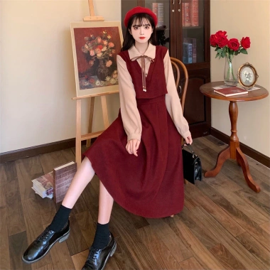 Váy dài sơ mi Korean màu trơn retro, tay dài & ngắn, dễ thương - 69,420₫