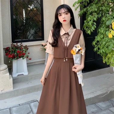 Váy dài sơ mi Korean màu trơn retro, tay dài & ngắn, dễ thương - 69,420₫