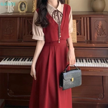 Váy dài sơ mi Korean màu trơn retro, tay dài & ngắn, dễ thương - 69,420₫