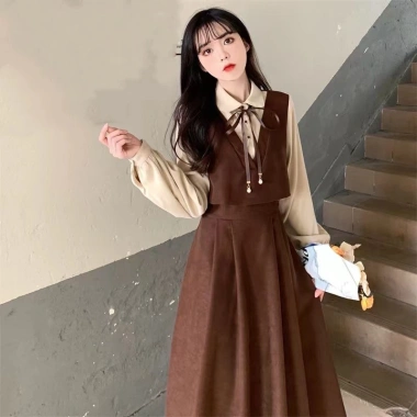 Váy dài sơ mi Korean màu trơn retro, tay dài & ngắn, dễ thương - 69,420₫