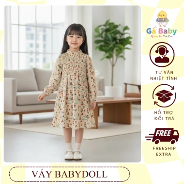 Váy dài tay bé gái họa tiết hoa nhí, cổ cao, cotton mềm mịn - Giá chỉ 212.000₫