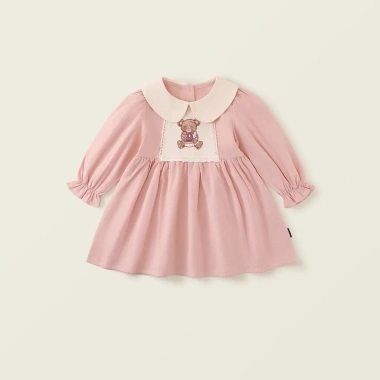 Váy dài tay bé gái mùa xuân hè họa tiết gấu thêu cotton thoáng mát, phù hợp đi học và đi chơi - Giá chỉ 215.000₫