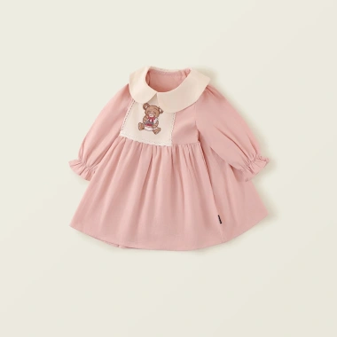Váy dài tay bé gái mùa xuân hè họa tiết gấu thêu cotton thoáng mát, phù hợp đi học và đi chơi - Giá chỉ 215.000₫