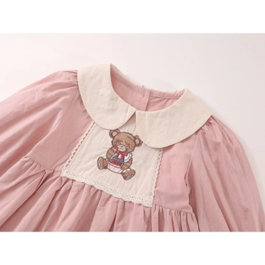 Váy dài tay bé gái mùa xuân hè họa tiết gấu thêu cotton thoáng mát, phù hợp đi học và đi chơi - Giá chỉ 215.000₫