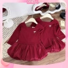 Váy đầm bé gái QT357 đỏ dáng bí cổ vuông kèm tag nơ - giảm giá 18% chỉ 129.900₫ 2