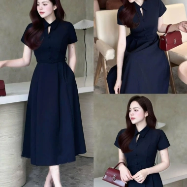 Váy đầm cao cấp tay ngắn, thắt lưng cổ cách điệu, dáng xòe BIGSIZE giảm giá 19%