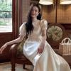 Váy Đầm Cổ Đính Ngọc, Tay Bồng Dáng, Dài Xòe Tiểu Thư - Size S‑L, Taffa, V739 - 360k (Giảm 100k) 4