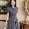 Váy Đầm Nữ Ghi Dáng Dài ELYSNIE Công Sở Thanh Lịch Xếp Li Lotus Dress Tặng Hoa Đá