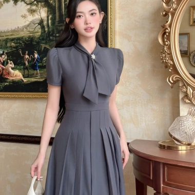 Váy Đầm Nữ Ghi Dáng Dài ELYSNIE Công Sở Thanh Lịch Xếp Li Lotus Dress Tặng Hoa Đá