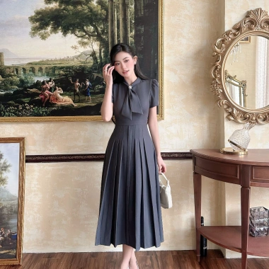 Váy Đầm Nữ Ghi Dáng Dài ELYSNIE Công Sở Thanh Lịch Xếp Li Lotus Dress Tặng Hoa Đá 2 Váy Đầm Nữ Ghi Dáng Dài ELYSNIE Công Sở Thanh Lịch Xếp Li Lotus Dress Tặng Hoa Đá 2