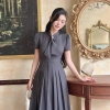 Váy Đầm Nữ Ghi Dáng Dài ELYSNIE Công Sở Thanh Lịch Xếp Li Lotus Dress Tặng Hoa Đá 3