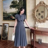 Váy Đầm Nữ Ghi Dáng Dài ELYSNIE Công Sở Thanh Lịch Xếp Li Lotus Dress Tặng Hoa Đá 4