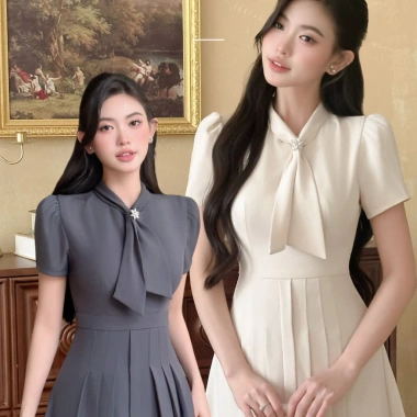 Váy Đầm Nữ Ghi Dáng Dài ELYSNIE Công Sở Thanh Lịch Xếp Li Lotus Dress Tặng Hoa Đá
