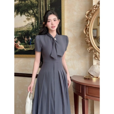 Váy Đầm Nữ Ghi Dáng Dài ELYSNIE Công Sở Thanh Lịch Xếp Li Lotus Dress Tặng Hoa Đá