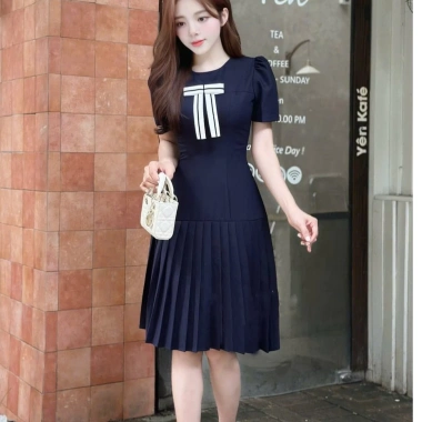 Váy đầm xếp ly dáng xòe cổ tròn phối nơ nhẹ nhàng, bigsize, đi làm & tiệc - 468k 3