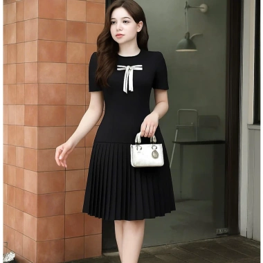 Váy đầm xếp ly dáng xòe cổ tròn phối nơ nhẹ nhàng, bigsize, đi làm & tiệc - 468k 4