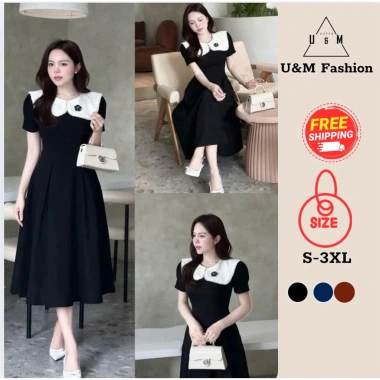 Váy đầm xòe phổi cổ trắng hoa nhẹ nhàng thanh lịch, đi làm và tiệc, Bigsize V38