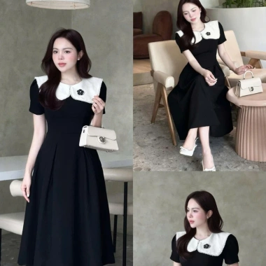 Váy đầm xòe phổi cổ trắng hoa nhẹ nhàng thanh lịch, đi làm và tiệc, Bigsize V38