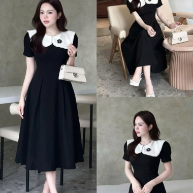Váy đầm xòe phổi cổ trắng hoa nhẹ nhàng thanh lịch, đi làm và tiệc, Bigsize V38