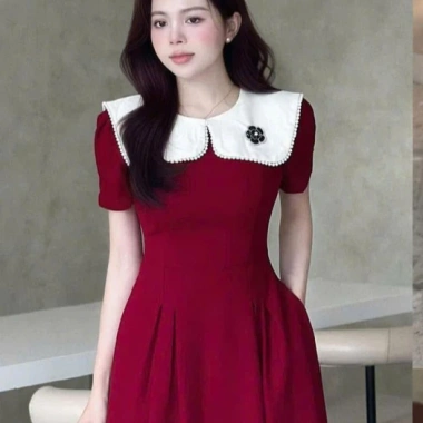 Váy đầm xòe phổi cổ trắng hoa nhẹ nhàng thanh lịch, đi làm và tiệc, Bigsize V38