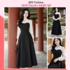 Váy đen công sở dáng chữ A xòe dài tay, cổ sơ mi trắng - Dolce Viva